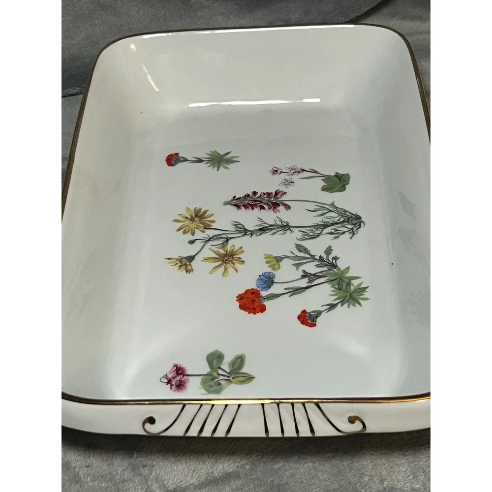 Louvoux Le Faune France Porcelain Botanical Floral Trinket Tray Gold Trim Whimsy
